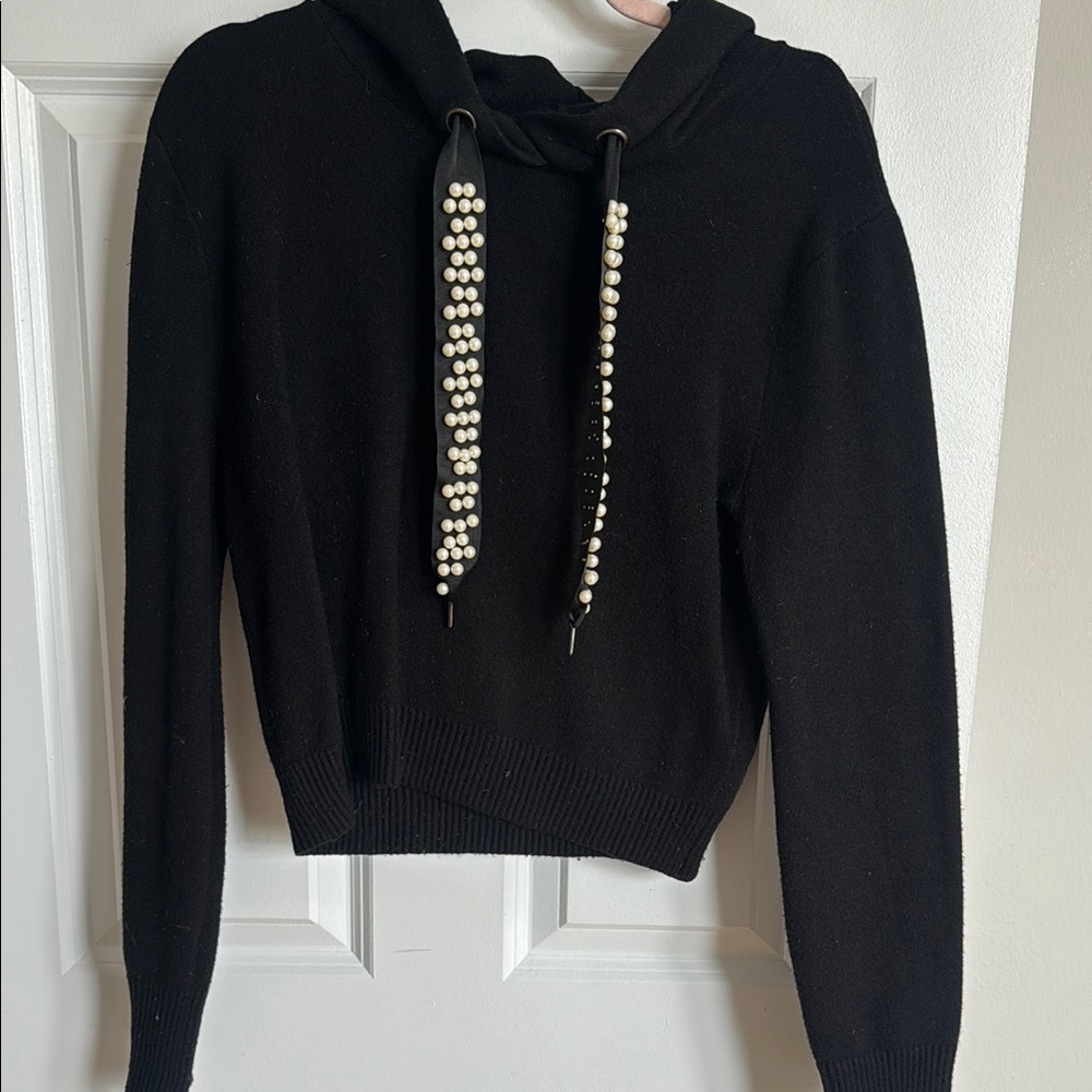Zara Black Pearl-Trim Hoodie Sweater